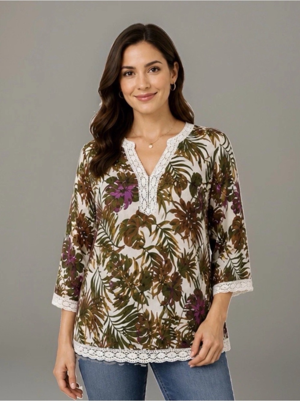 Charter Club Woman 16W Tropical Palm Leaf Tunic Blouse Crochet Lace Trim Linen